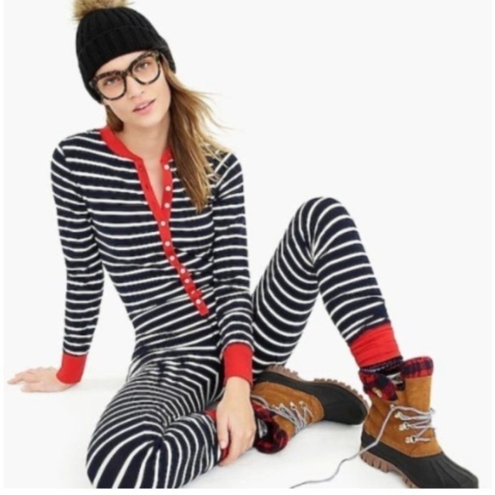 J Crew Unionsuit Onesie Pajamas Navy Stripe Red Jersey Cotton Loungewear EUC - Picture 2 of 10